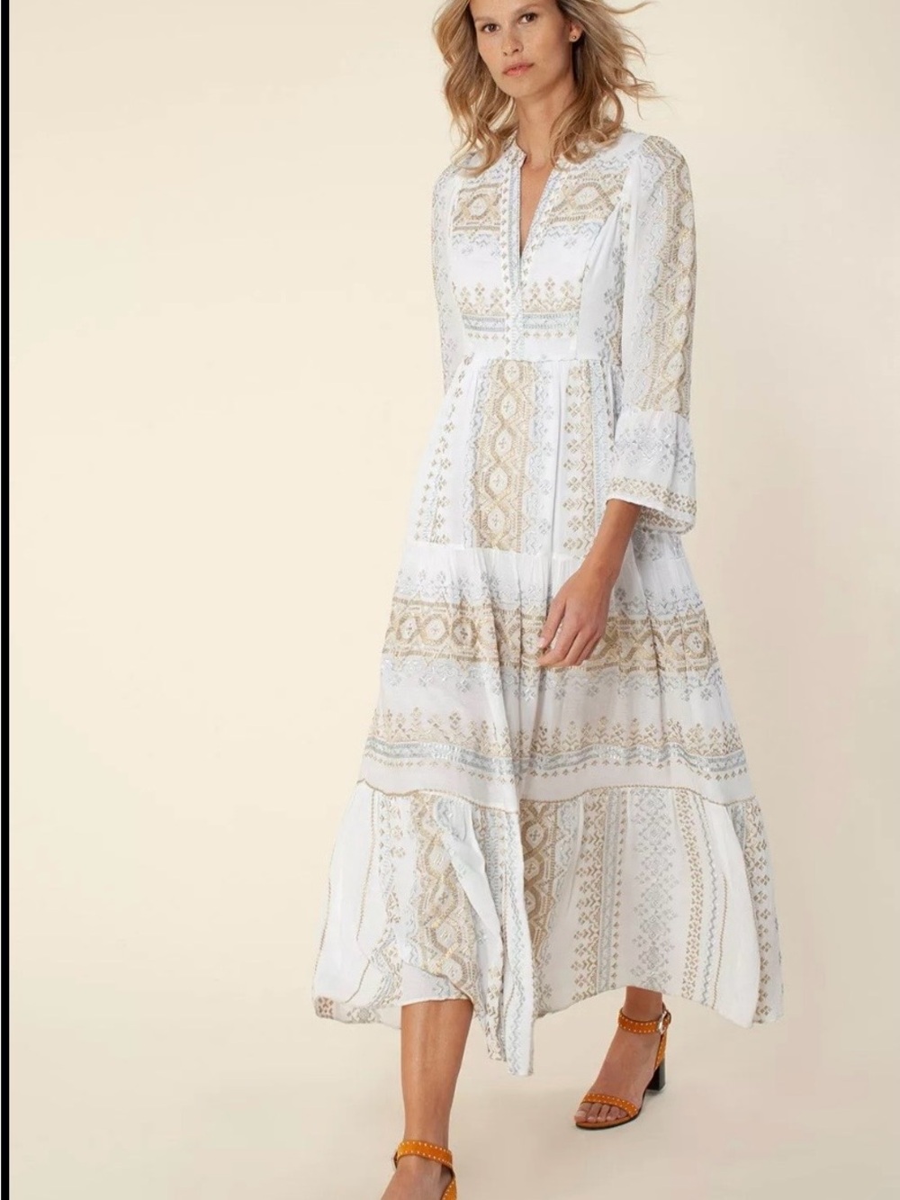Hale Bob White Maxi Dress with Tan Patterned Panels size small NWT